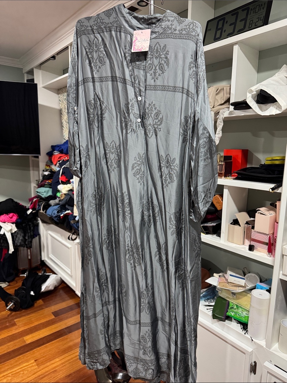 Women's Silver Gray silk  Long Sleeve pocketed Maxi Dress. Made in Italy/